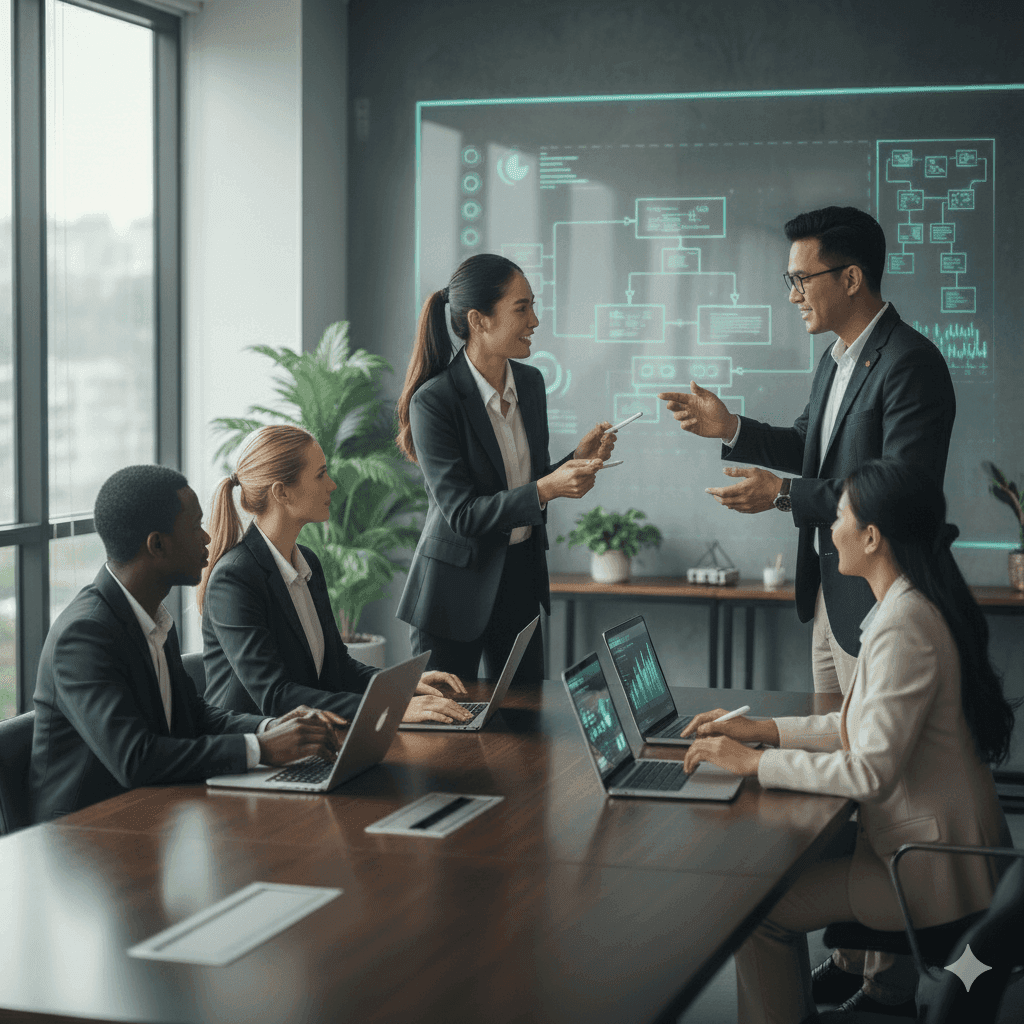 Photo of a consulting team collaborating around laptops in a modern office